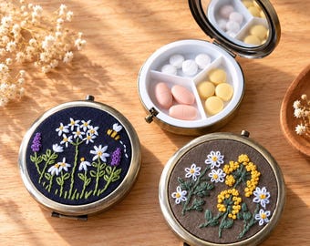 Handmade Floral Pill Case, Linen Embroidered Medicine Box, Christmas Gift for Mom, Unique Holiday Gift for Her, New Year Present