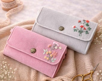 Portafoglio in velluto a coste con nome personalizzato, portafoglio floreale ricamato a mano, regalo personalizzato per donna