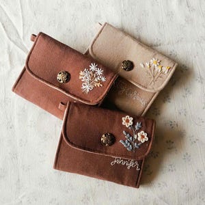 Cartera de lino bordada a mano para mujer, Cartera personalizada, Cartera bordada personalizada, Cartera pequeña, Cartera para tarjetas, Cartera floral, Cartera de tela