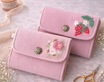 Handmade Embroidered Wallet, Floral & Strawberry Coin Purse, Vintage Style Fabric Pouch