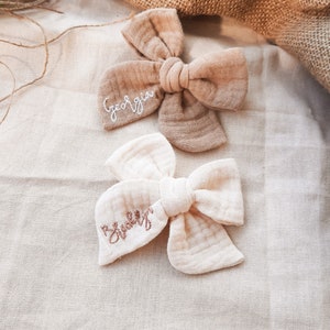 Custom name hand embroidered baby muslin bow,personalized name muslin bow,hand embroidered tied bow,name bow,baby gift girl personalized image 6