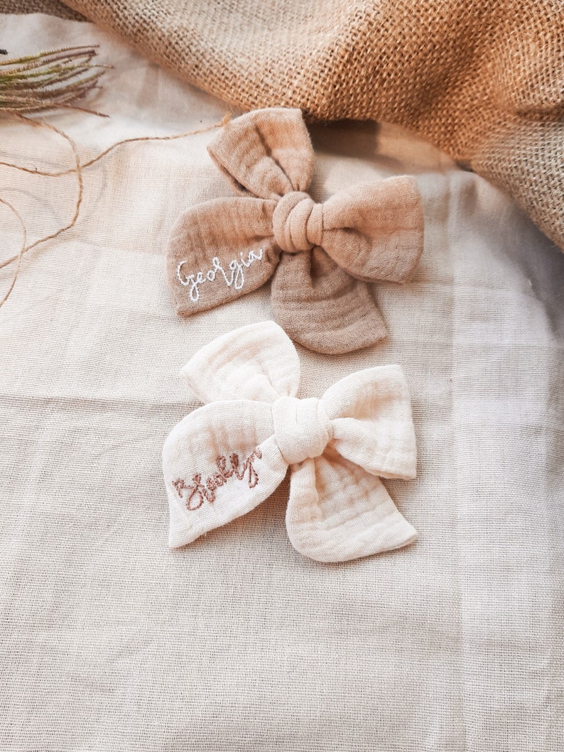 Custom name hand embroidered baby muslin bow,personalized name muslin bow,hand embroidered tied bow,name bow,baby gift girl personalized image 6