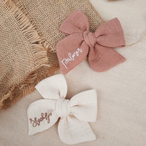 Custom name hand embroidered baby muslin bow,personalized name muslin bow,hand embroidered tied bow,name bow,baby gift girl personalized image 2