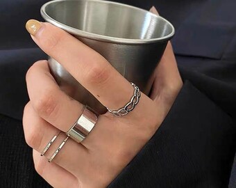 Ring Set - Stackable Rings - Band Ring - Chain Ring - Stacking Band Ring - Streetwear Rings - Adjustable Rings - Open Ring - Combo Rings