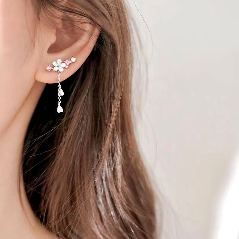 Pearl Flower Ear Climber Earrings Floral Pearl Dangle Etsy