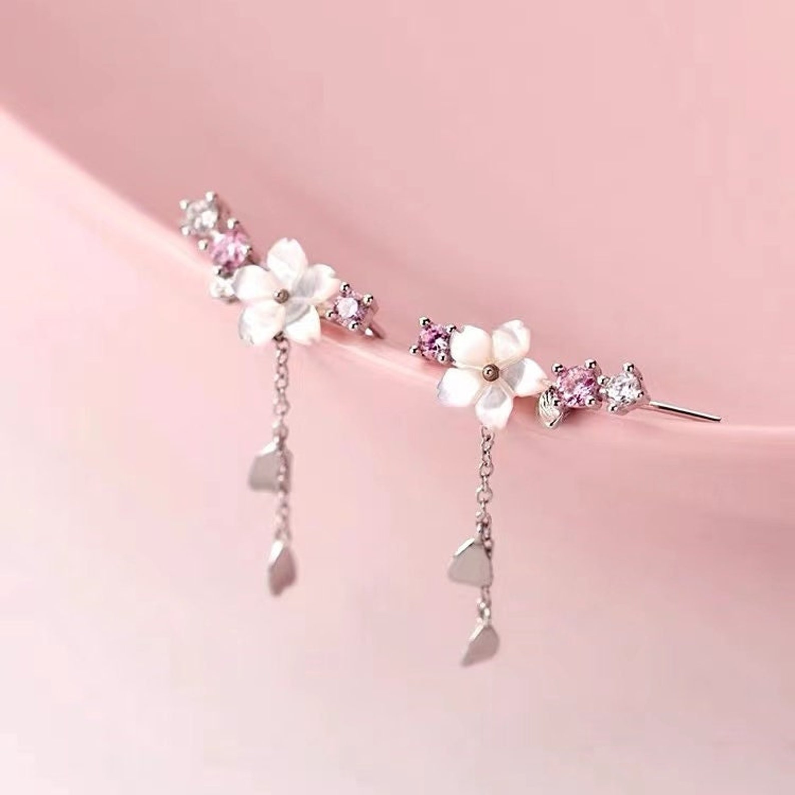 Pearl Flower Ear Climber Earrings Floral Pearl Dangle Etsy