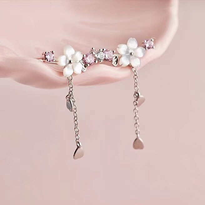 Pearl Flower Ear Climber Earrings Floral Pearl Dangle Etsy