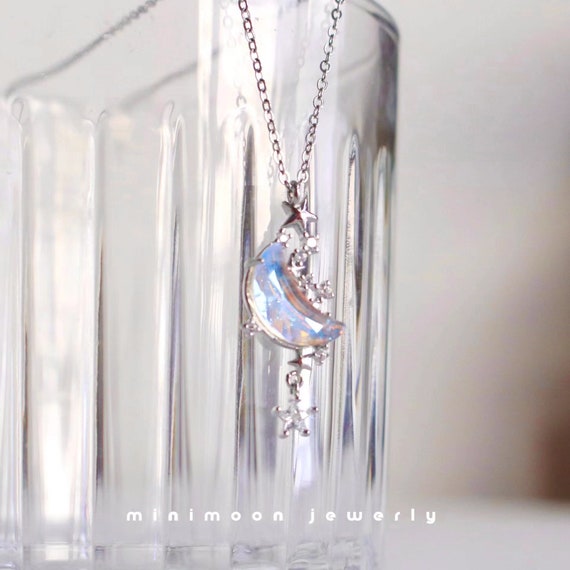 Silver Moon & Star Necklace - Moonstone Necklace - Charm Necklace - Pendant Necklace - Adjustable Necklace - Celestial Necklace