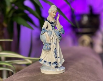 Vintage Porcelain Lady Figurine: Blue White Victorian Dress
