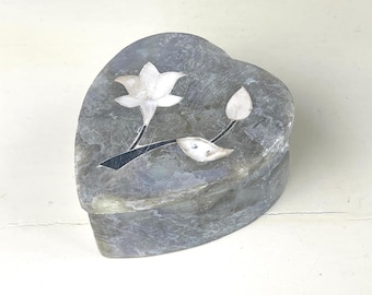 Hand-Painted Heart Stone Trinket Box, Floral Jewelry Box with Lid