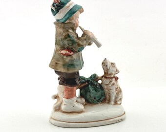 Porcelain Boy and Dog Figurine, Musical Pipe