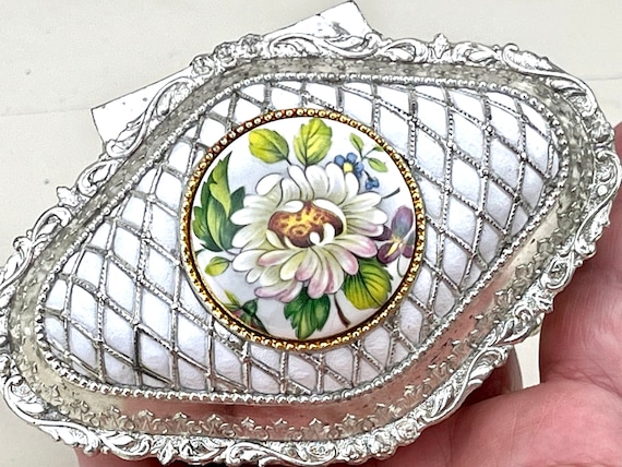 Boîte à Bijoux Vintage Japon - Métal Argenté, Décor Floral Et Porcelaine - Années 40/50