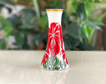 Handpainted small vase with red accents, hand painted porcelain vase for flowers