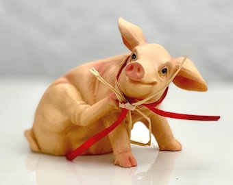 Pig figurine, vintage handmade piglet figurine with a lanyard around his neck