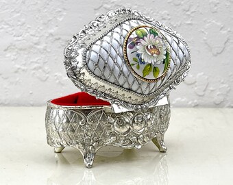 Vintage Silver Plated Trinket Box: Japanese Floral Design, Red Velvet Lining