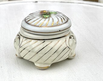 Vintage Porcelain Trinket Box with Lid: Gold Trim, Pink Rose Design
