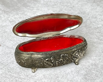 Vintage Japan Metal Jewelry Box: Bas-Relief, Red Velvet Lining