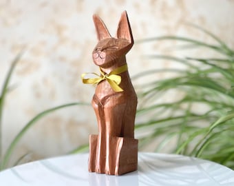 Hand-carved wood cat with ribbon, Wooden cat