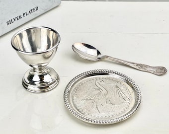 Vintage Silver Plated Newborn Breakfast Set: SEBA Egg Cup, Spoon & Frame