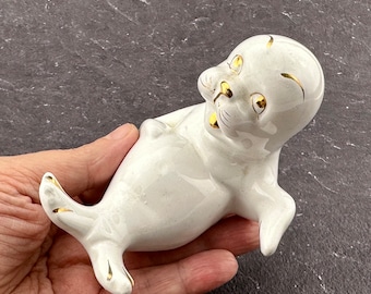Small white seal, porcelain seal figurine with gold decor