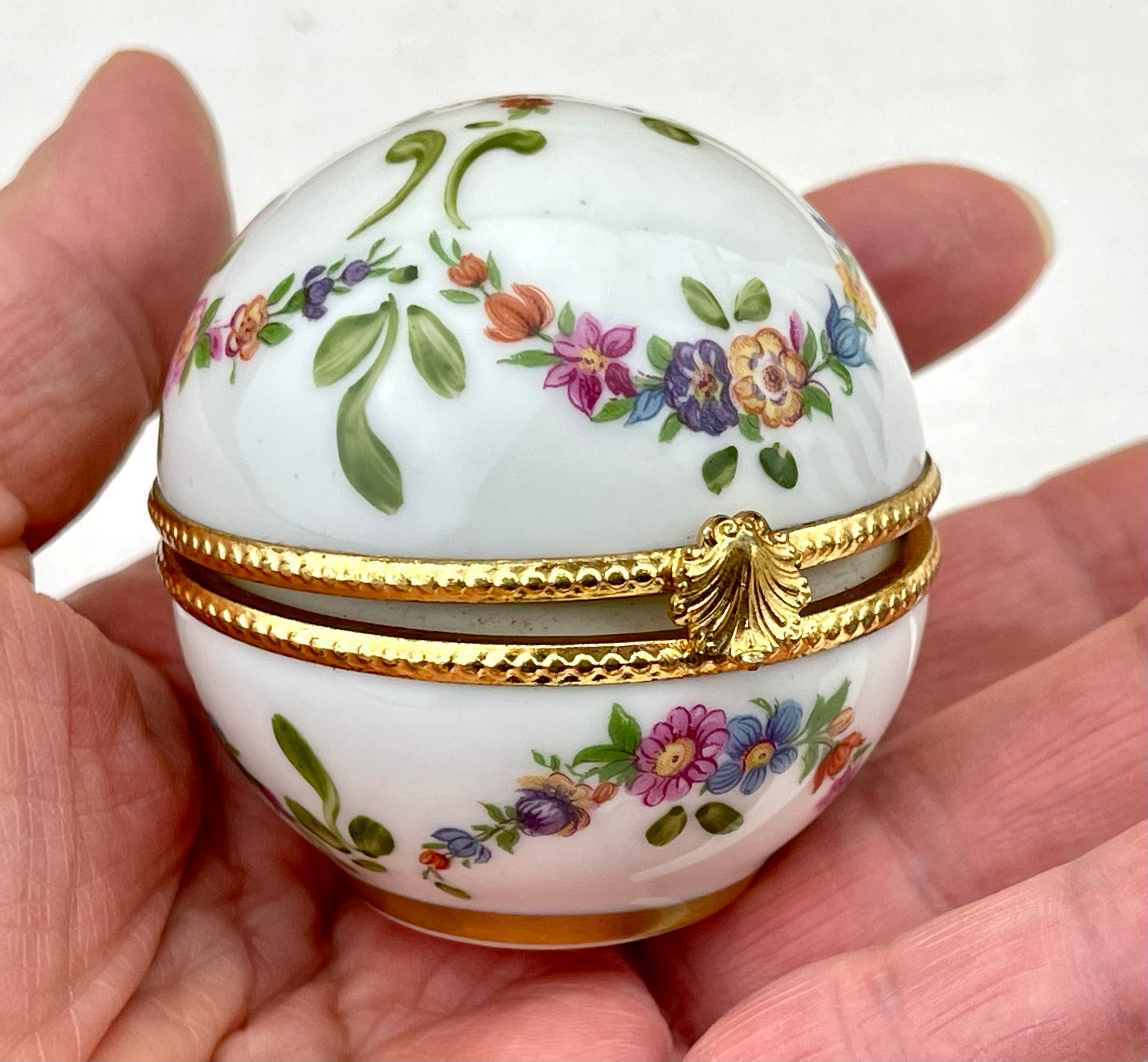 Jewelry Box LIMOGES Vintage Porcelain Lidded Trinket Box Ball shaped Ring Box