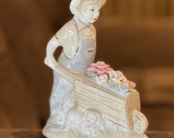 Vintage Porcelain Boy Figurine with Puppy & Flower Carriage