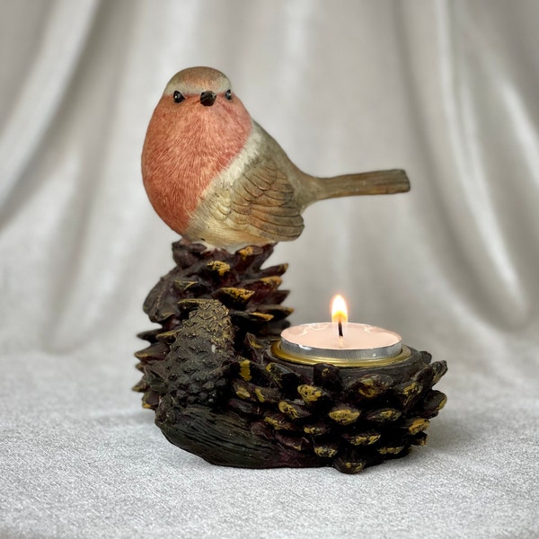 Cottagecore candlestick with a bird sitting on a pine cone, handmade home decor by Shudehill giftware, village pottery