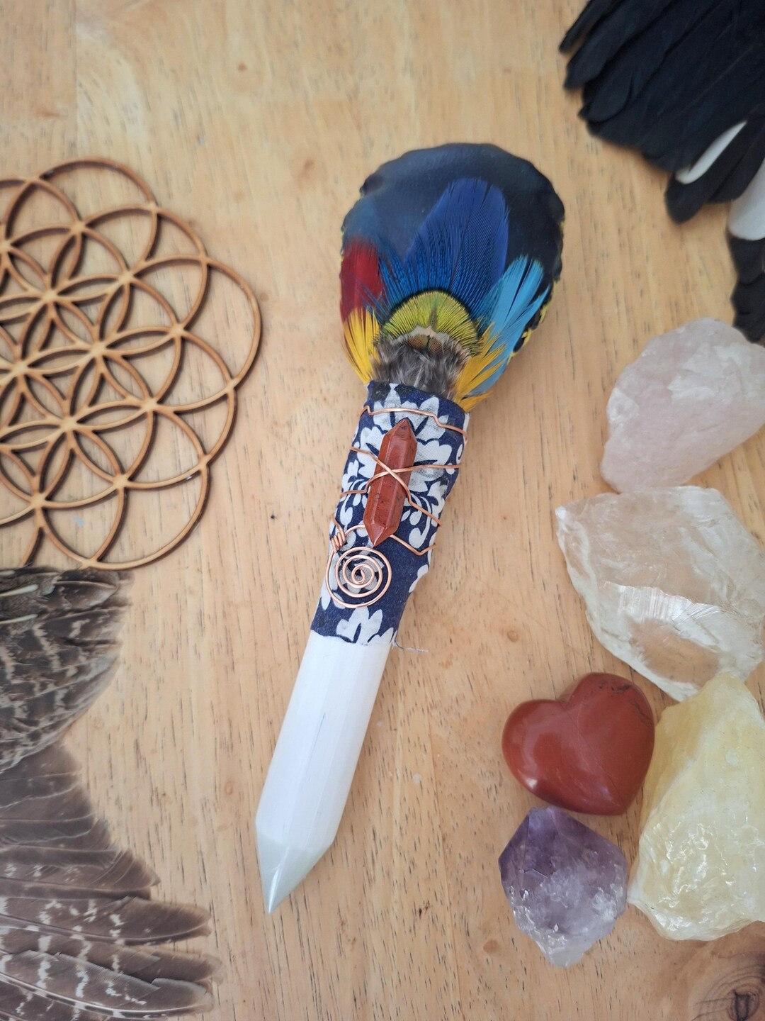 Crystal Point Rattle ~ Selenite Wand Rattle ~ Deer Skin Rattle ~ Macaw ...