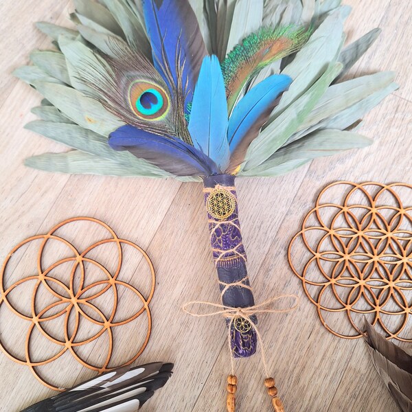 Chakapa ~ Shacapa ~ Leaf Rattle ~ Shamanic Rattle ~ Macaw/Peacock Feathers ~ Flower of Life ~ Seed of Life ~ Ceremonial Tool