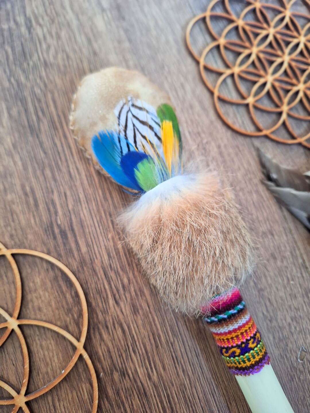 Shamanic Rabbit Deer Skin Rattle ~ Shamanic Rattle ~ Rabbit Fur ~ Macaw/pheasant ...