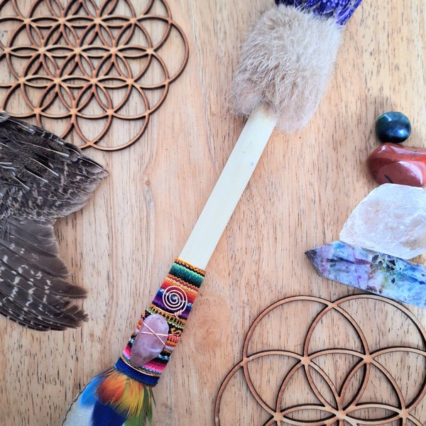 Drum Beater Rattle ~ Shamanic Drum Beater ~ Deer Skin Rattle ~ Peruvian Fabric ~ Shamanic Rattle ~ Macaw Feather ~ Rabbit Fur ~ Rose Quartz