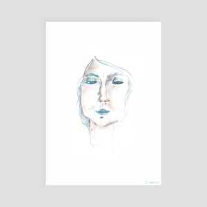 Watercolor Blue Face - Art Print / Minimalist, Abstract, Simple, Quiet, Home Decor, Wall, Bedroom, Study