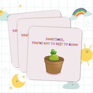 OhFroot „Rest to Grow” Kawaii ilustracja doniczkowej rośliny - uważność, miłość do siebie, słodka karta podarunkowa