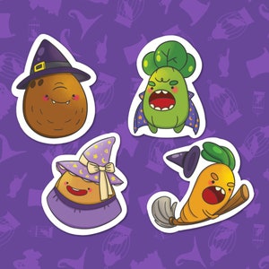 OhFroot Halloween Witchy Magic Sticker Set - Vege Fruit Pun Cute Kawaii Food Illustration - Glossy White Vinyl Planner Stickers