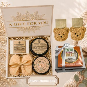 New Mom Gift Box – Pregnancy Care Package for Expecting or Postpartum Mom, Self Care Gift, Baby Rabbit Rattle, New Mom Affirmation Card Sweet Mama Box