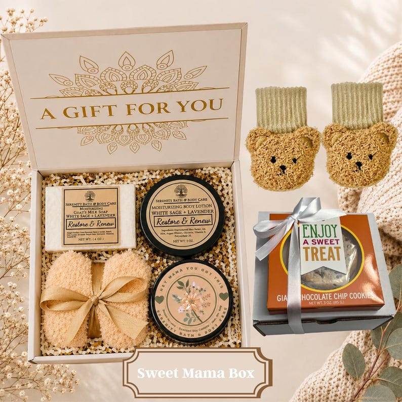 New Mom Gift Box – Pregnancy Care Package for Expecting or Postpartum Mom, Self Care Gift, Baby Rabbit Rattle, New Mom Affirmation Card Sweet Mama Box
