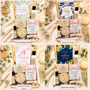 May include: A gift box set containing a devotional book, a bottle of lotion, a bar of oatmeal milk honey soap, a round tin of balm, a small roller bottle, and a vanilla lip balm. Four variations are shown with different book titles and floral covers.