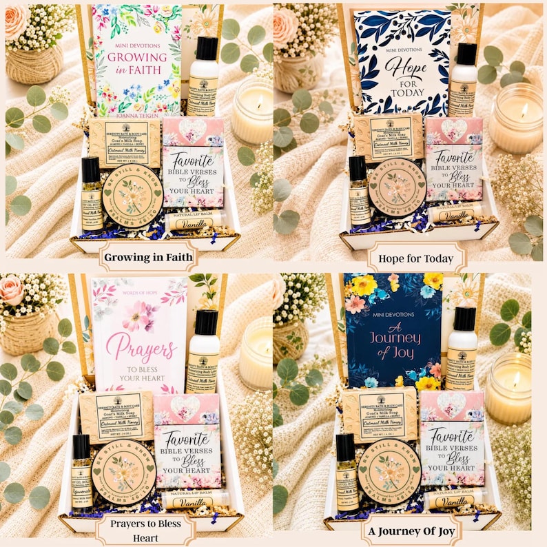 May include: A gift box set containing a devotional book, a bottle of lotion, a bar of oatmeal milk honey soap, a round tin of balm, a small roller bottle, and a vanilla lip balm. Four variations are shown with different book titles and floral covers.