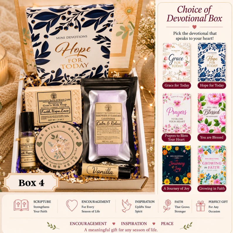 May include: A gift box containing a Mini Devotions book, a bar of goat's milk soap, a lavender shower steamer, a roll-on fragrance, a soy candle labeled Be Still & Know, and a vanilla lip balm, with a menu showing six devotional book options.