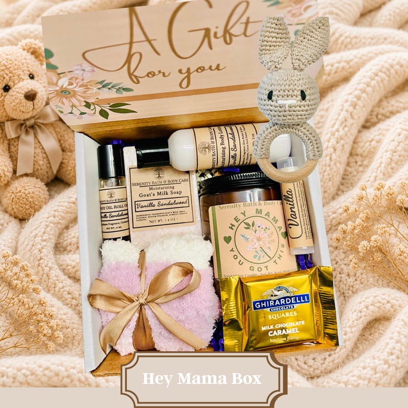 New Mom Gift Box – Pregnancy Care Package for Expecting or Postpartum Mom, Self Care Gift, Baby Rabbit Rattle, New Mom Affirmation Card B1-HeyMamaBox