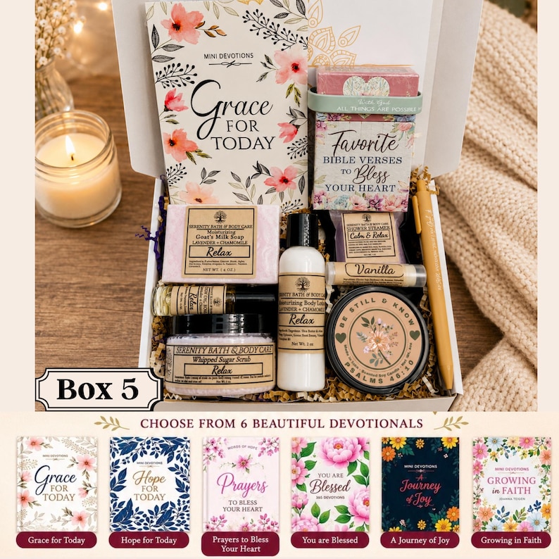 May include: A gift box containing a Grace for Today devotional book, a Favorite Bible Verses card deck, lavender chamomile goat milk soap, body lotion, whipped sugar scrub, a vanilla lip balm, a candle, and a pen. Includes six devotional options.