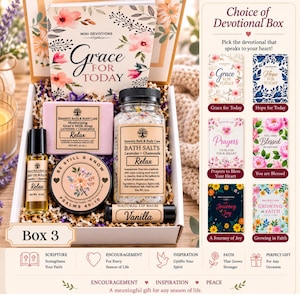 May include: A gift box containing a Grace for Today devotional book, a bar of lavender and chamomile goat's milk soap, a bottle of bath salts, a body oil roll-on, a Be Still and Know candle, and a vanilla lip balm, with a menu of six devotional options.