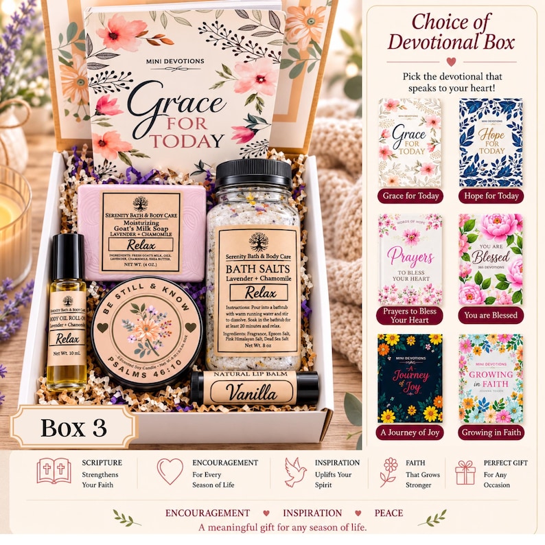 May include: A gift box containing a Grace for Today devotional book, a bar of lavender and chamomile goat's milk soap, a bottle of bath salts, a body oil roll-on, a Be Still and Know candle, and a vanilla lip balm, with a menu of six devotional options.