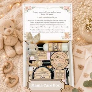 New Mom Gift Box – Pregnancy Care Package for Expecting or Postpartum Mom, Self Care Gift, Baby Rabbit Rattle, New Mom Affirmation Card Mama Care Box