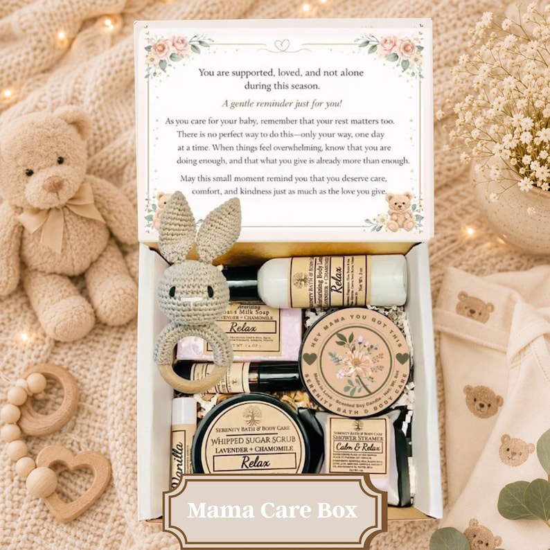 New Mom Gift Box – Pregnancy Care Package for Expecting or Postpartum Mom, Self Care Gift, Baby Rabbit Rattle, New Mom Affirmation Card Mama Care Box