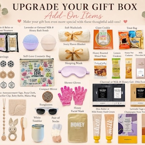 May include: A collection of gift box add-on items including shower steamers, bath bombs, a fleece blanket, a cosmetic bag with affirmations, earrings, baby accessories, snacks, tea, a sleeping mask, shower gloves, a mirror, sunglasses, and skincare.