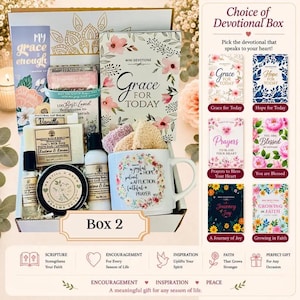 May include: A gift box containing a white mug with floral text, a book titled Grace for Today, a bar of soap, a small bottle of lotion, a lip balm, a round tin, and a small spray bottle. The box is labeled Box 2 and includes a guide for choosing devotional books.