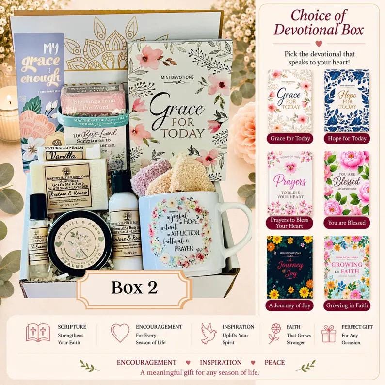 May include: A gift box containing a white mug with floral text, a book titled Grace for Today, a bar of soap, a small bottle of lotion, a lip balm, a round tin, and a small spray bottle. The box is labeled Box 2 and includes a guide for choosing devotional books.