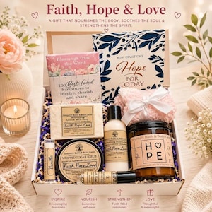 May include: A gift box containing a book titled Hope For Today, a box of Blessings from the Word cards, a bar of goat's milk soap, a bottle of body lotion, a jar of whipped sugar scrub, a vanilla lip balm, a rollerball, and a pink fuzzy cloth.