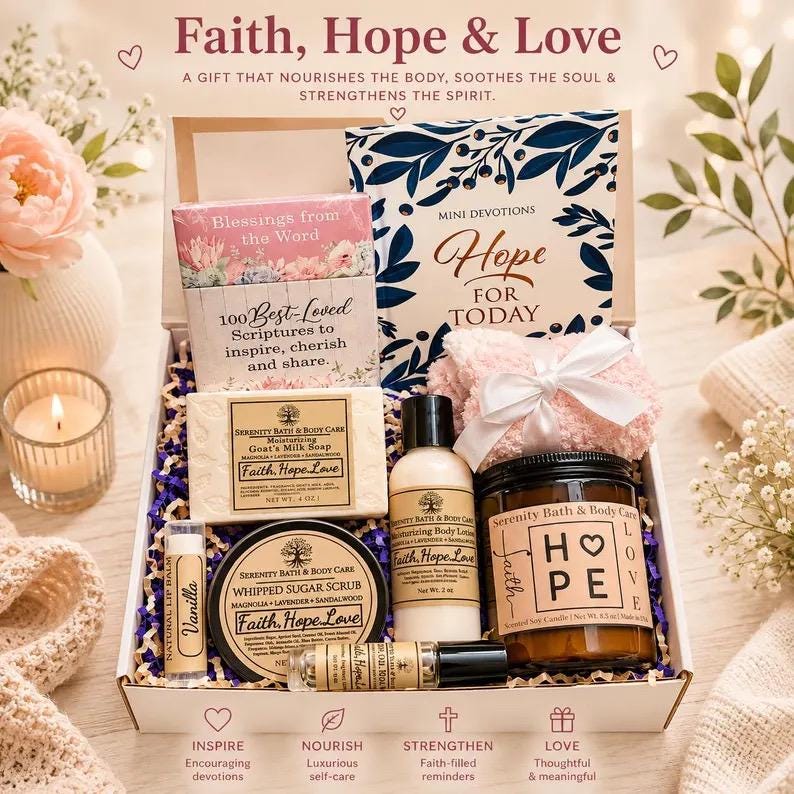 May include: A gift box containing a book titled Hope For Today, a box of Blessings from the Word cards, a bar of goat's milk soap, a bottle of body lotion, a jar of whipped sugar scrub, a vanilla lip balm, a rollerball, and a pink fuzzy cloth.